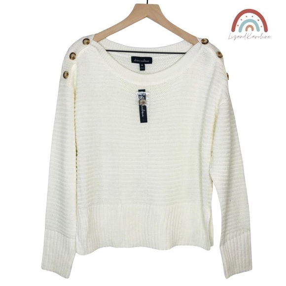 New! Ribbed Knit Boatneck Shoulder Buttons Split Hem Ivory Cream Sweater - Picture 1 of 11